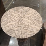 Round Sofa Side Table with Radial Natural Wood Veneer Top Sculptural Loop Pedestal and Circular Base